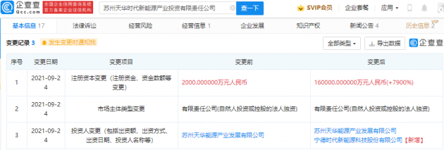 宁德时代加码新能源布局 投资新能源产业投资公司，注册资本增至16亿并涉足金属矿石销售